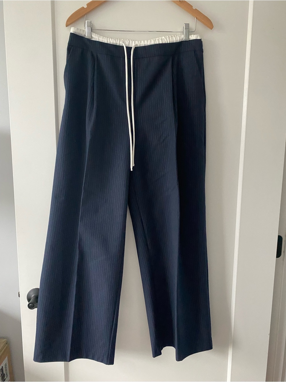 Zara Navy Pinstripe Drawstring Wide-Leg Trousers